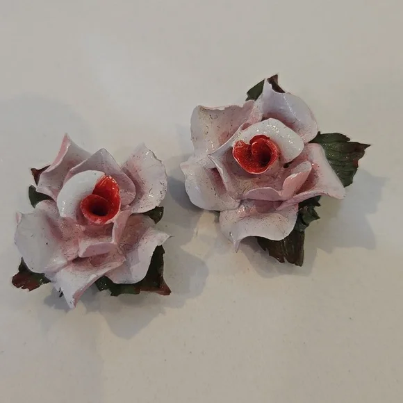 Vintage Rosette Clip Pink and Red Rose Earrings, Garden Party, Hamptons Chic - Picture 10 of 10